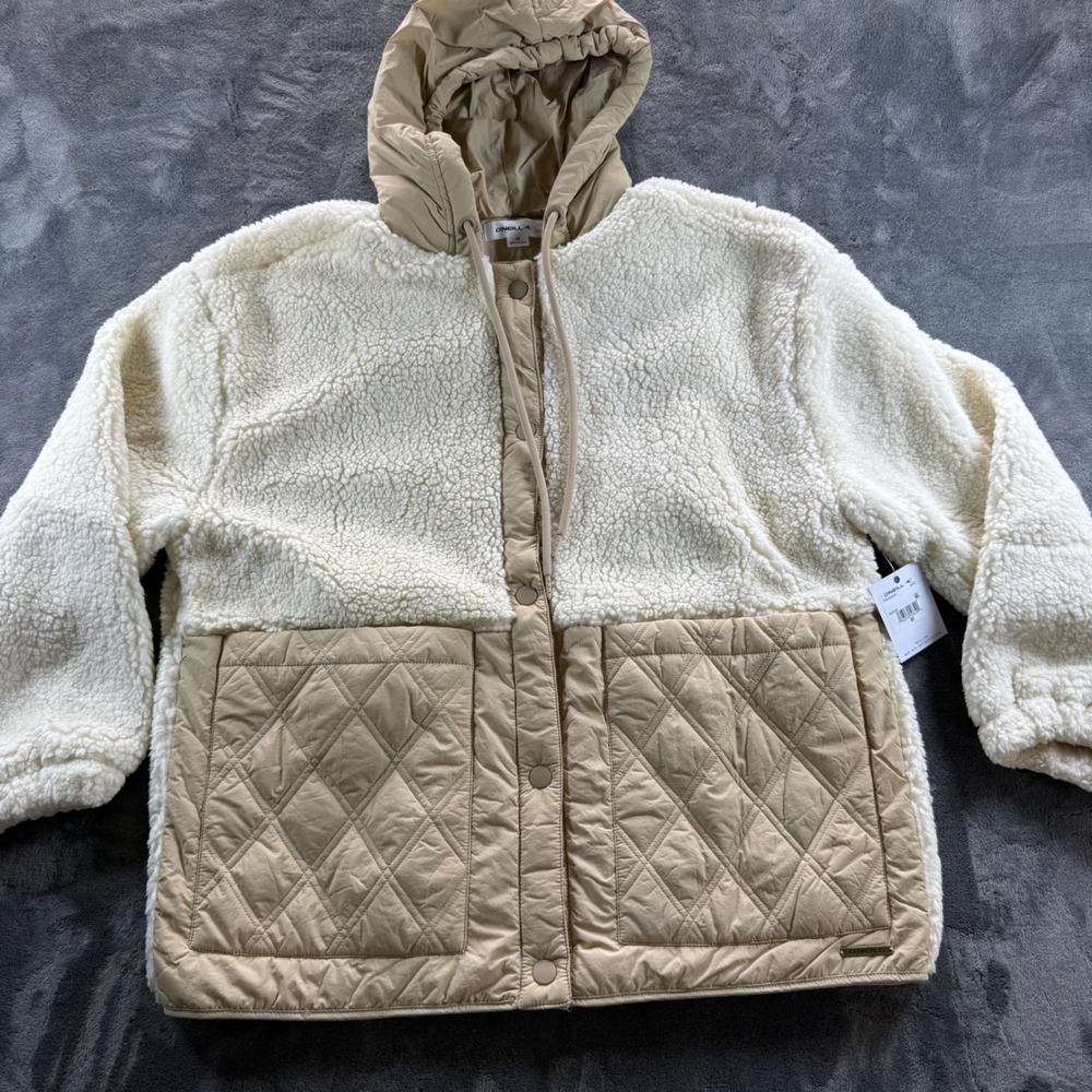 O'Neill Womens Sherpa Quilted Hooded Jacket Cream Tan Mixed Media Size M - Picture 2 of 10